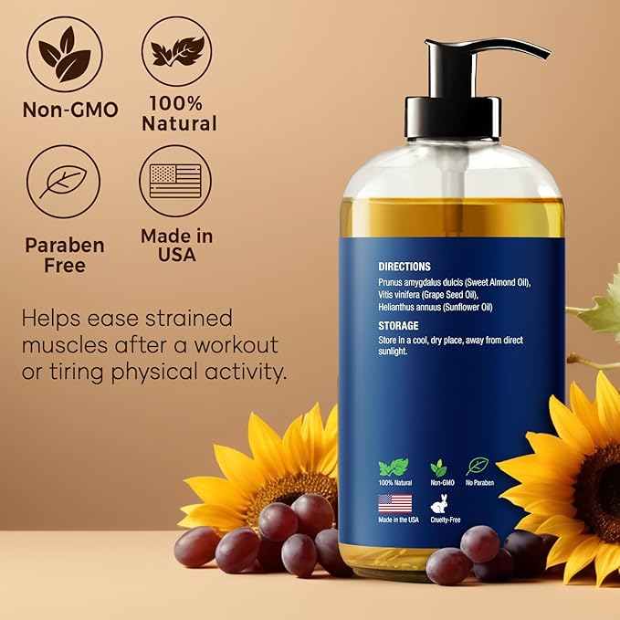 Unscented Massage Oil 8 fl oz - Hydrating Body Oil for Sensitive Skin & Muscle Relief - with Sweet Almond, Grape Seed & Sunflower Oils - Nexon Botanics