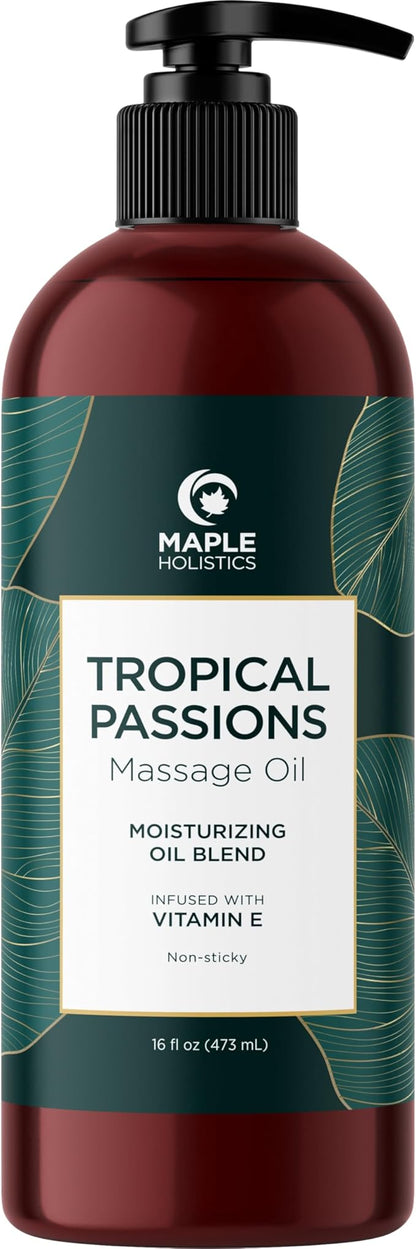 Tropical Massage Oil for Couples Relaxation - Full Body Massage Oil for Date Night with Smooth Gliding Coconut and Sweet Almond Oil with Mango Scent - Non GMO Gluten Free & Vegan (16 Fl Oz)