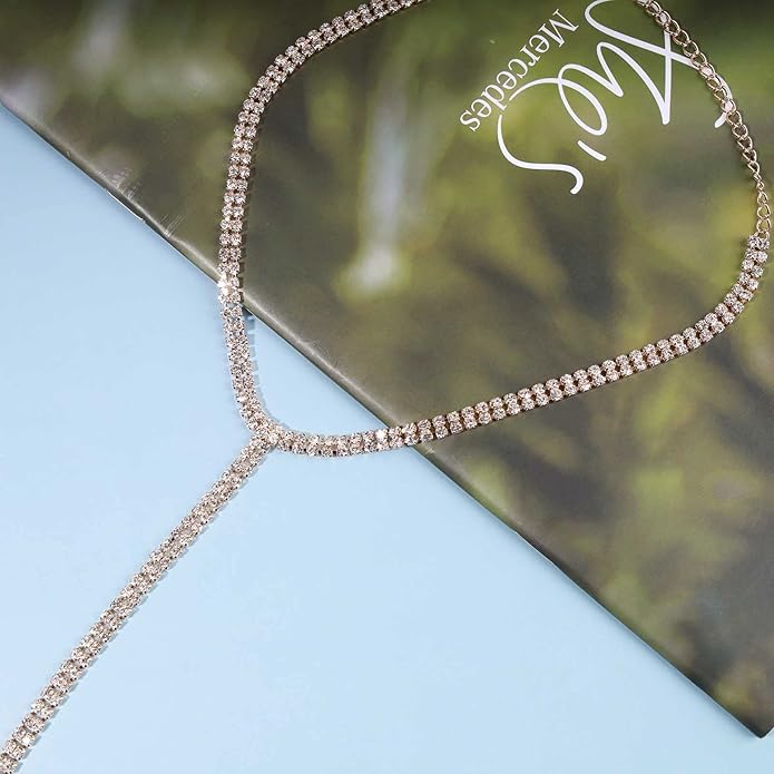 Boho Rhinestone Crystal Y Necklace Tennis Chain Y