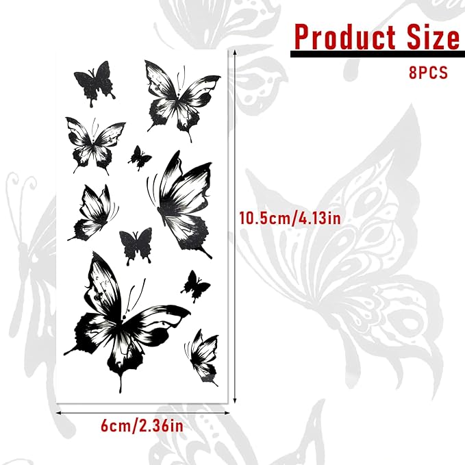 8 Sheets Large Black Butterfly Temporary Tattoos Stickers Arm Hand