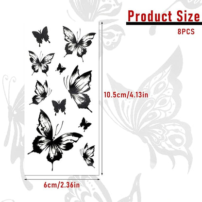 8 Sheets Large Black Butterfly Temporary Tattoos Stickers Arm Hand