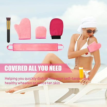 5 Pieces Self Tanning Mitt Applicator Kit, Includes Exfoliating Glove, Tanning Mitt, Mini Face Mitt, Back Lotion Applicator with Self Tanner Brush Large Flat Top Makeup Brush (Pink)