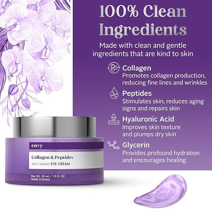 Envy Collagen & Peptides Eye Cream - Reduces Dark Circles, Puffiness & Wrinkles, Moisturizing, Anti-Aging, Rejuvenates, Dermatologist Tested, Cruelty-Free Korean Skin Care for All Skin Types - 1.01 Oz