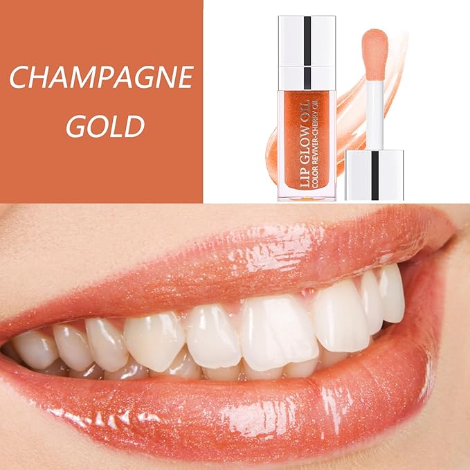 Lip Oil, Hydrating Lip Gloss Tinted Lip Balm Transparent Lip Care, Big Brush Head Glitter Shine, Long Lasting Nourishing Non-sticky Fresh Texture, Transparent+Champagne Gold