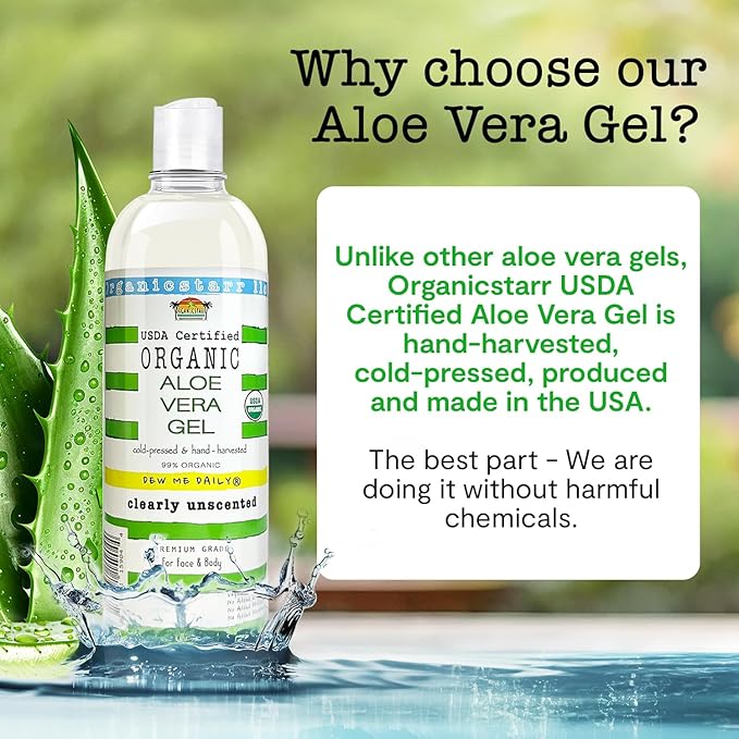 USDA Certified Organic Aloe Vera Gel 12 oz - 100% Pure, Cold Pressed, Hand Harvested, Unscented, Chemical-Free - Skin & Hair Care, Sunburn Relief, Made in USA