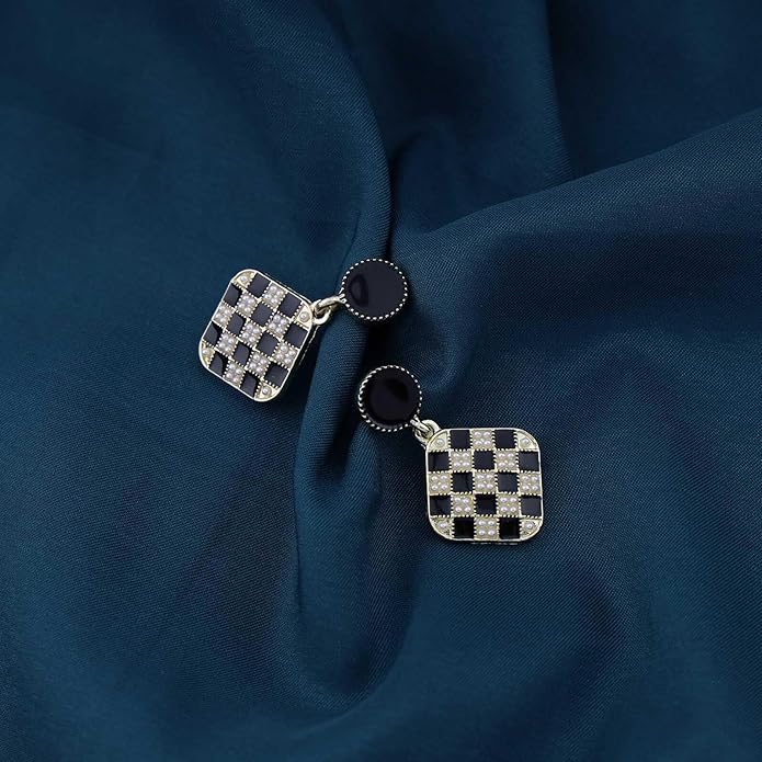 Vintage Black White Checkered Earrings Geometric