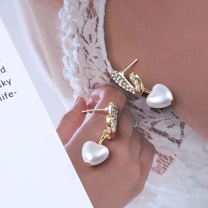 Vintage Pearl Heart Drop Earrings Rhinestone