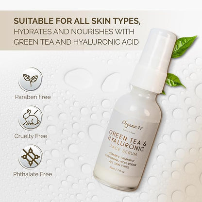 Hyaluronic Acid & Green Tea Face Serum – Anti-Aging Hydrating Serum with Vitamins C + E for Glowing Skin, Vegan & Cruelty-Free for All Skin Types – 30ml