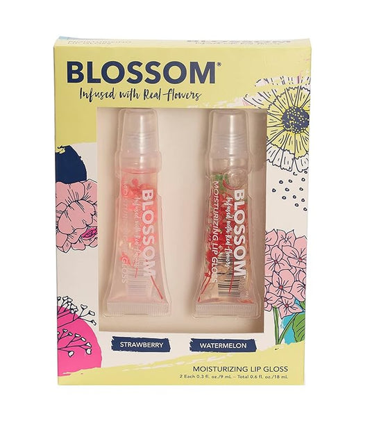 Blossom Scented Moisturizing Lip Gloss Tubes, Infused with Real Flowers, 0.6 fl. oz/18ml, 2 pack Gift Set, Strawberry/Watermelon