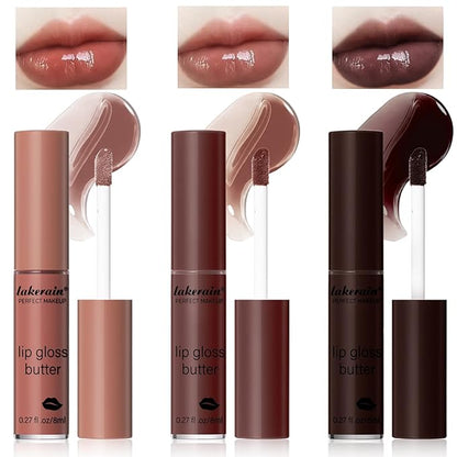 3 Colors Lip Butter Gloss, Hydrating Lip Glow Oil Lip Glaze, Brown Sugar Nourishing Lip Tinted Gloss Lip Care, Non-Sticky Long Lasting Lip Plumper Gloss Makeup (4+11+13)