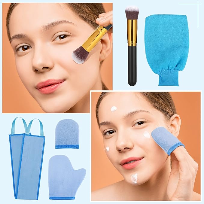 5 Pieces Self Tanning Mitt Applicator Kit, Includes Exfoliating Glove, Tanning Mitt, Mini Face Mitt, Back Lotion Applicator with Self Tanner Brush Large Flat Top Makeup Brush (Blue)