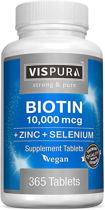 Biotin 10000 mcg + Zinc + Selenium, Pure, Vegan & Extra Strong, Best Supplement for Hair Growth, Glowing Skin, Strong Nails*, 365 Tablets for 12 Months, Natural Without Additives