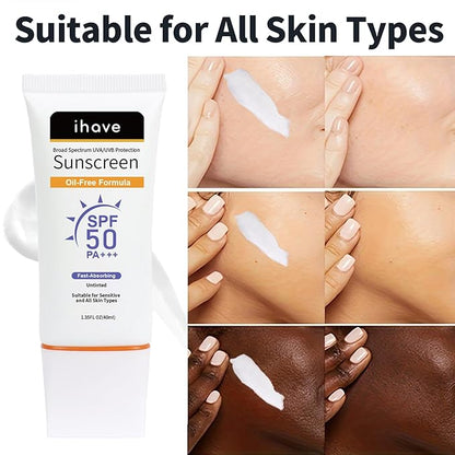 iHave Face Sunscreen, Travel Size SPF 50 Sunscreen with Broad Spectrum UVA UVB Protection, Oil-Free Fast-Absorbing Sunblock for All Skin