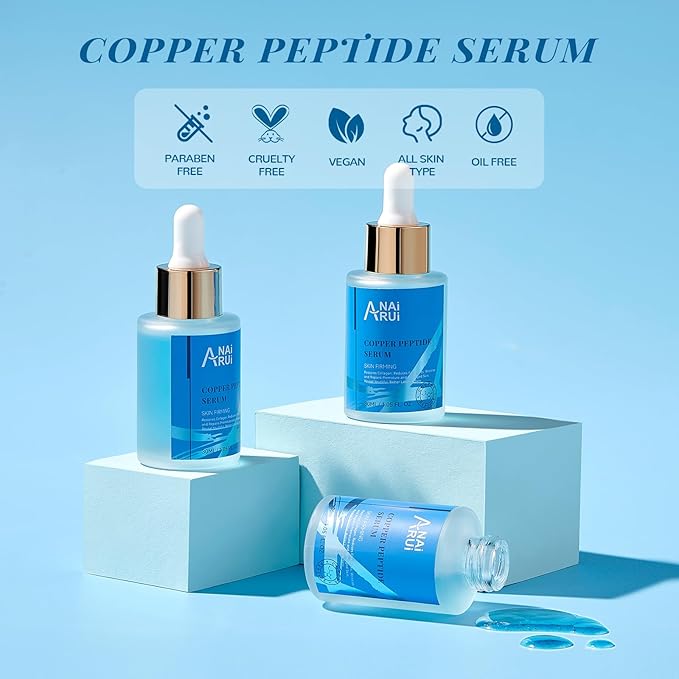 ANAI RUI Copper Peptides Serum for Face -Copper Peptide Face Serum + Hyaluronic Acid - Reduces Fine Lines & Wrinkles, Plumping and Radiant Skin, 1.fl.Oz