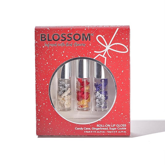 Blossom Scented Roll on Lip Gloss, Infused with Real Flowers, Made in USA, 0.3 fl. oz./9ml, 3 pack Gift Set, Candy Cane, Gingerbread, Sugar Cookie