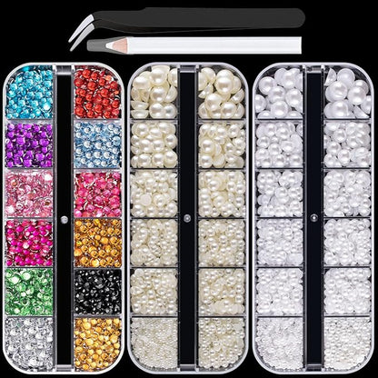 Flat Back Rhinestone+Half Round Pearl Kits Colorful Rhinestones+White+Beige