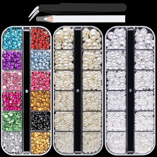 Flat Back Rhinestone+Half Round Pearl Kits Colorful Rhinestones+White+Beige