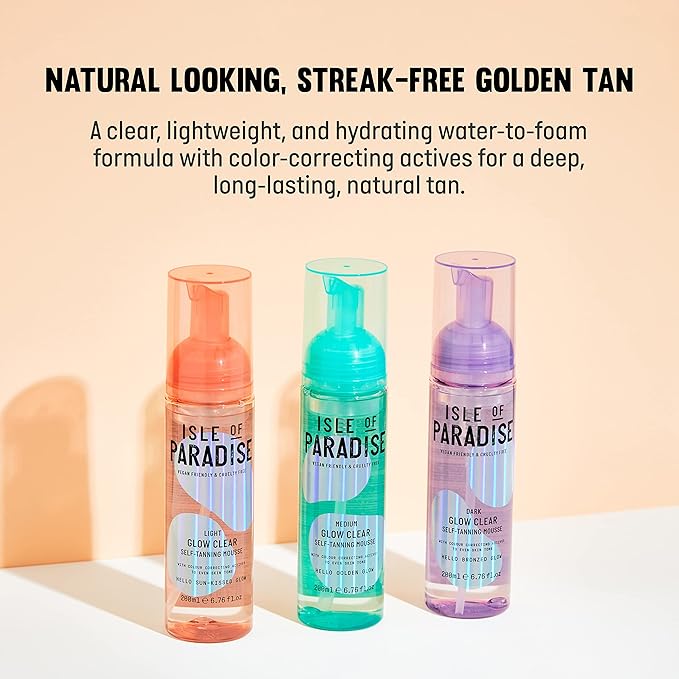 Isle of Paradise Glow Clear Self-Tanning Mousse, Medium (Golden Glow) - Red Cancelling and Color Correcting Tanning Foam, Vegan and Cruelty Free, 6.76 Fl Oz