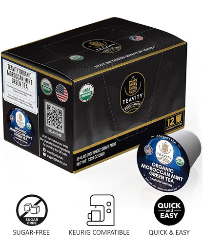 Organic Moroccan Mint Tea and Green Tea Pods for Keurig - Caffeinated Unsweet Tea for K Cup Brewing by Teavity (12 Tea Pods)