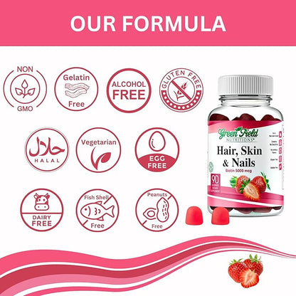 Greenfield Nutritions - Halal Biotin Gummies Vitamin for Hair, Skin and Nails, Supports Fat Metabolism, Hair Growth, Strong Nails & Clear Skin, Gelatin Free, Non-GMO, and Gluten Free - 90 Gummies