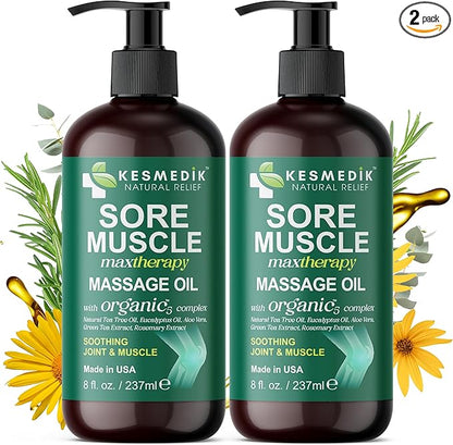 Sore Muscle Massage Oil with Arnica, Tea Tree & Eucalyptus Oils, Massage Oil for Massage Therapy, Muscle Relief, Relaxation, Tension & Skin Softening for Professional & Home Use (Pack of 2)