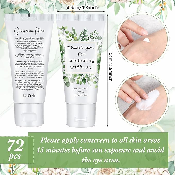 72 Pcs Mini Sunscreen Bulk for Summer Party Wedding SPF 30 Water Resistant Sunscreen Lotion Bulk 1oz Travel Size for Thank You Gifts Summer Party Wedding Supplies(Eucalyptus)