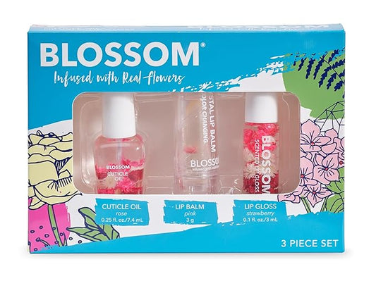 Blossom Hydrating, Moisturizing Scented Cuticle Oil, Scented Color Change Lip Balm, Roll on Lip Gloss, Infused with Real Flowers, 0.7 fl. oz/15mL, 3 Pack Gift Set, Rose/Pink/Strawberry