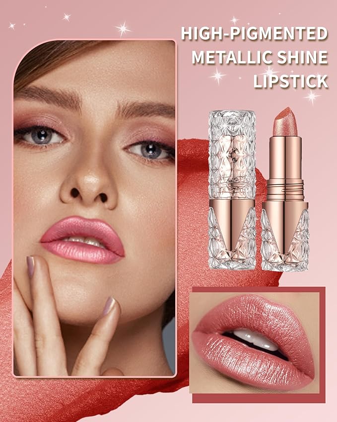 Shimmer Lipstick Long Lasting for Women with Metallic 3D Shine Hydrating Formula, Diamond Nude Glitter Lip Balm Tinted Glossy Lip Gloss High Impact Lip Color Nonstick Full-Coverage Lip Makeup-06
