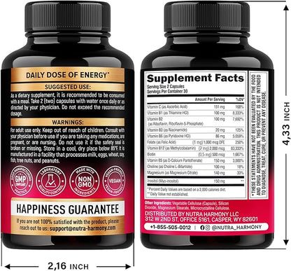 Vitamin B Complex for Men & Women - Made in USA - B-Complex: B1, B2, B3, B5, B6, B7, B8, B9, B12 with Vitamin C, Choline, Inositol - Energy, Brain & Heart Support Supplement, 60 Vegan Capsules