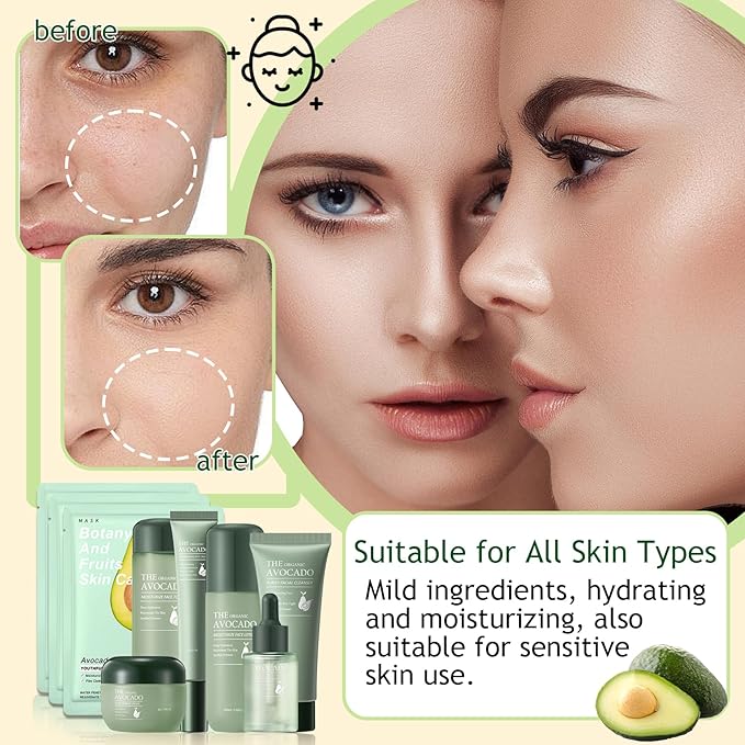 Avocado Skincare Set,Hydrating Travel Size Avocado Face Wash,Moisturizing Face Toner & Face Serum & Face Cream,Eye Cream Skin Care Gift Set for Women（9PCS)