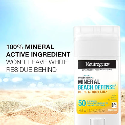 Neutrogena Purescreen+ Mineral Beach Defense On-The-Go Body Sunscreen Stick with Broad Spectrum SPF 50, Water Resistant UVA/UVB Protection, Absorbs Quickly & Dries Clear, 1.5 oz