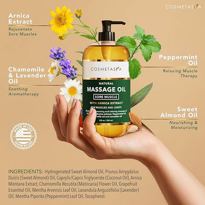 Cosmetasa Sore Muscle Massage Oil with Massage Hot Stones - Soothes Muscle and Joint with Arnica Extract, Peppermint, Chamomile, and Lavender Oil