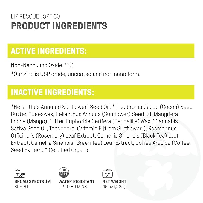 Raw Elements Organic Outdoor Sunscreen Lip Balm Rescue - SPF 30, UVA-UVB Protection, Reef-Safe, Non-Nano Zinc, Water Resistant, 0.15 oz (Pack of 1)