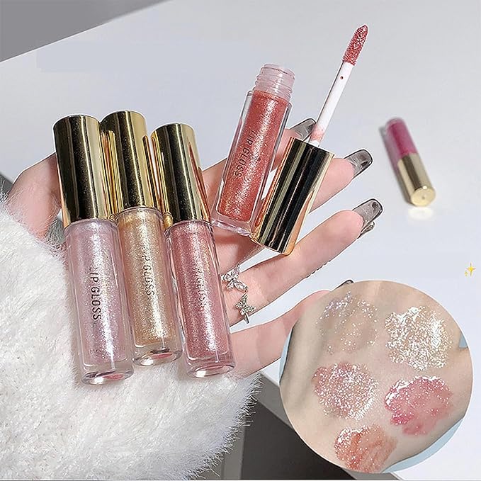 5 Colors Shimmery Glitter Lip Gloss Liquid Lipstick Set, Plumping Hydrating Lip Glow Oil, High Shine Sparkling Color Lipstick Makeup
