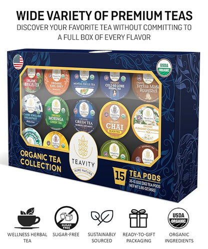Organic Tea Pods Variety Pack - Assorted Sampler Pack Compatible for Keurig Brewer and Coffee Maker - Earl Grey, English Breakfast, Chai, Chamomile - Herbal Tea Pod for K Cup Keurig Brewing -15 count (Pack of 1) by Teavity