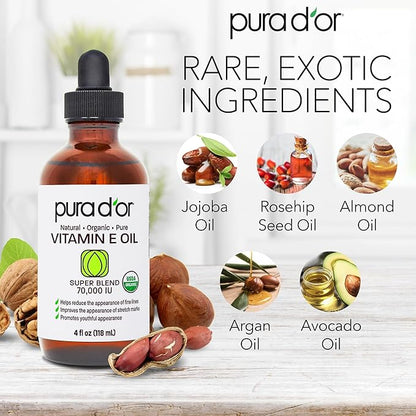 PURA D'OR 4 Oz ORGANIC Vitamin E Oil Blend 70,000 IU - 100% Natural Hexane Free, Sweet Almond, Apricot, Jojoba, Argan, Rosehip, Sunflower & Avocado Bath Oil For Scars, Skin, Face & Full Body