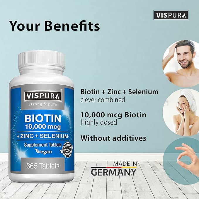 Biotin 10000 mcg + Zinc + Selenium, Pure, Vegan & Extra Strong, Best Supplement for Hair Growth, Glowing Skin, Strong Nails*, 365 Tablets for 12 Months, Natural Without Additives