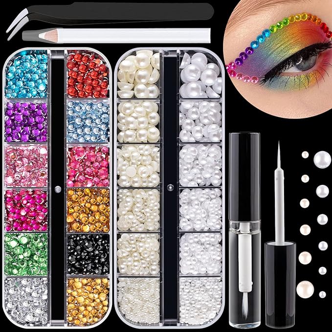 Flat Back Rhinestone+Half Round Pearl Kits Colorful Rhinestones+White&Beige