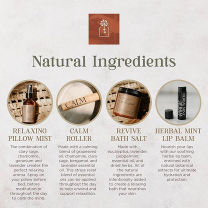 Spa Kit for Women – Relaxing Self Care Gift Set with Lavender Pillow Spray, Mint Lip Balm, Calm Essential Oil Roller & Epsom Salt Bath Soak – Luxury Pampering Package for Home & Bath