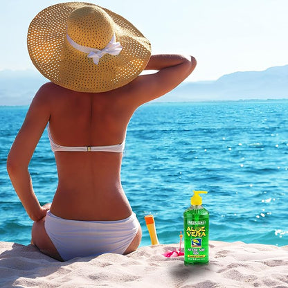 46oz Bulk Pack Fruit of the Earth Aloe Vera After Sun Gel, Set of 3, Pure Aloe Vera 100% Gel For Sunburn Relief, Includes 2 Pumps (20 oz) and 1 Travel Size Rose Aloe Vera (6 oz) + Bonus ZompoZ Tissues