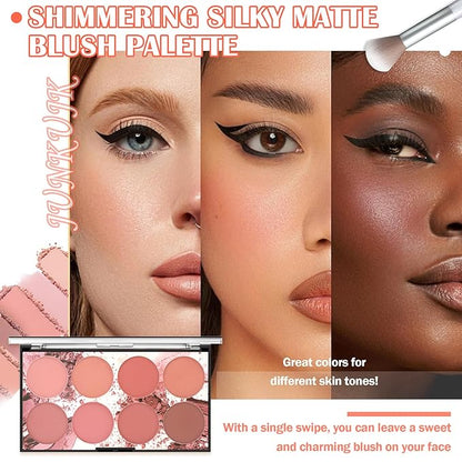 8 Colors Blush Palette,Shimmer Silky Matte Blush Powder