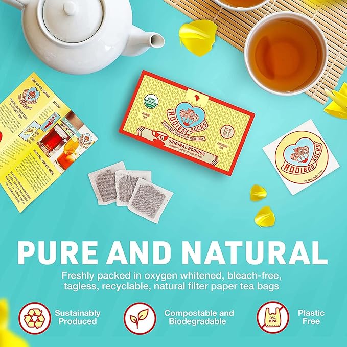 Premium Organic Rooibos Tea Bags 40 - Naturally Sweet Herbal Tea Safe for Children and Pregnant Women - Low Tannin, Caffeine Free Rooibos Tea Sustainably and Ethically Farmed in South Africa 