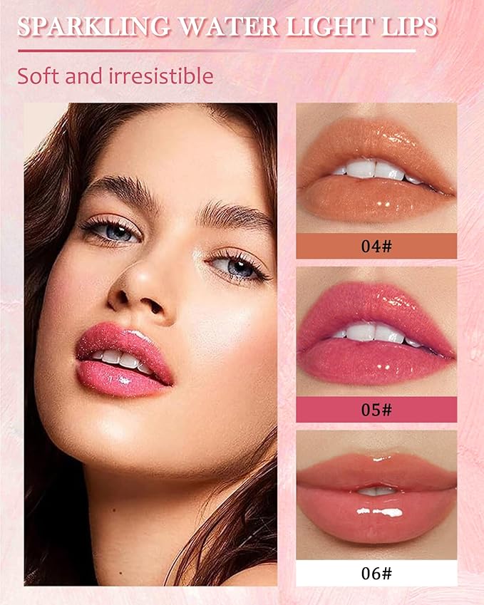 Clear Glitter Lip Gloss Lip Plumper-3Pcs Hydrating Lip Glow Oil Plumping Lip Oil Gloss, Orange Cherry Moisturizing Tinted Jelly Lip Gloss,Shimmer Lipgloss Lip Glaze Lip Care for Women-Set B