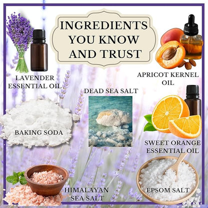 USA Made | 6 Lavender Self Care Gifts for Women, Bath Bombs (Truffles), Plant Based Dry Brush Body Brush Loofah, Epsom Salt Bath Soak, Handmade Soap, Herbal Bath Tea, Self Care Gift Box.