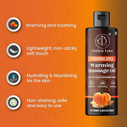 Dude's Love Organic Pumpkin Spice Flavored Warming Massage Oil - Smooth Glide, Non-Greasy | Nourish & Moisturize Skin | Aromatherapy Vegan - 3.38 Fl Oz