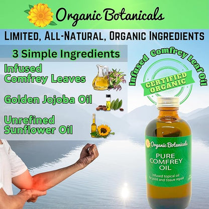 Pure Comfrey Leaf Infused Oil - Skin Care for Joints, Back, Muscles, Fractures, Bruises, and Minor Wounds, Natural Herbal Body Massage Oil, Certified Organic (2 oz)