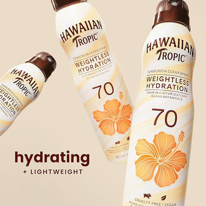 Hawaiian Tropic Weightless Hydration Clear Spray Sunscreen SPF 70, 6oz | Hawaiian Tropic Sunscreen SPF 70, Sunblock, Oxybenzone Free Sunscreen, Spray On Sunscreen, Body Sunscreen Spray, 6oz