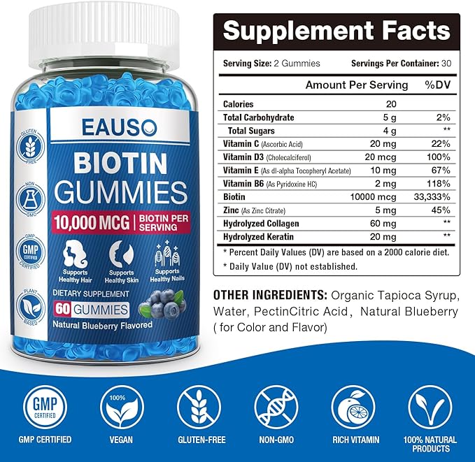 Extra Strength Biotin Gummies 10,000mcg for Stronger Hair, Skin & Nails - 60 Gummies - Vegan, Non-GMO, Health Supplement