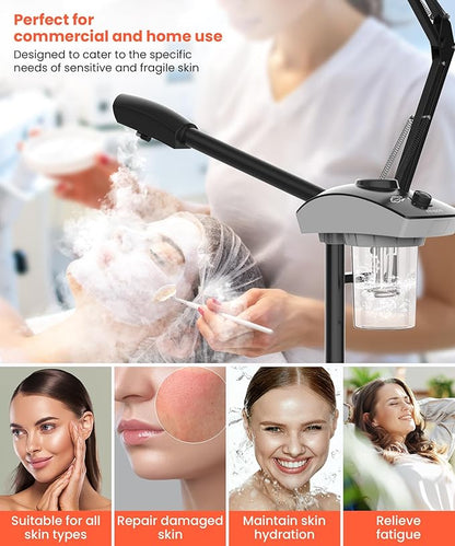 TASALON Professional Facial Steamer with 5X Magnifying Lamp, 2-in-1 Esthetician Steamer on Wheels with Ozone and Hot Mist, Ionic Facial Steamer for Facial Deep Cleaning and Moisturize