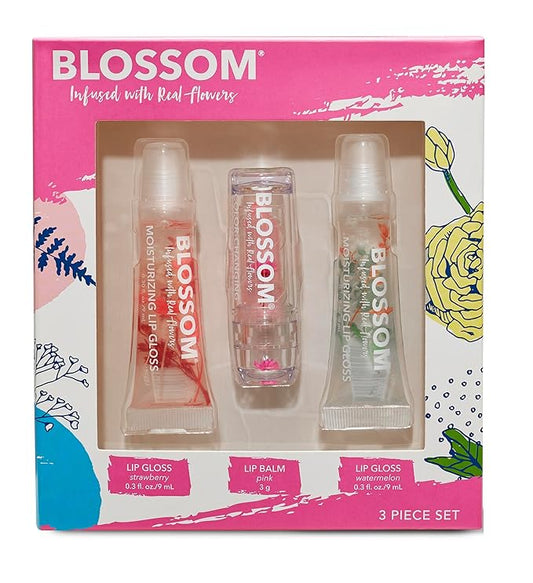 Blossom Scented Moisturizing Lip Gloss Tubes + Custom Color Change Crystal Lip Balm, Infused with Real Flowers, 0.9 fl. oz/27ml, 3 pack, Strawberry/Pink/Watermelon